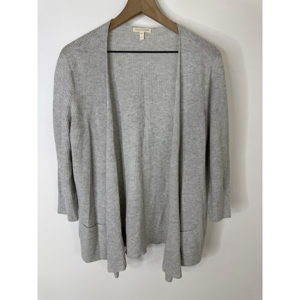 EILEEN FISHER Sweater M Organic Cotton Ribbed Cardigan Draped Open Front Gray